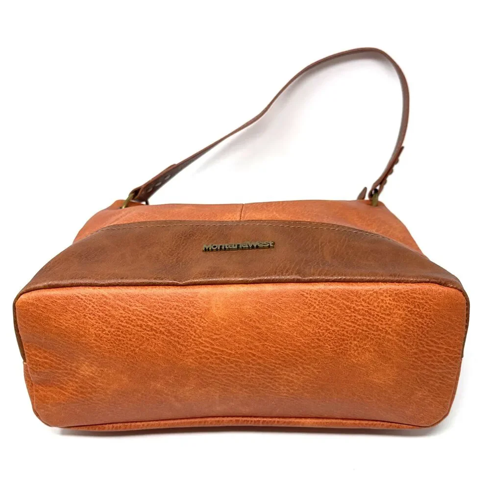 Montana West Hobo Tote Shoulder Bag Orange Brown Faux Leather Equestrian Lined
